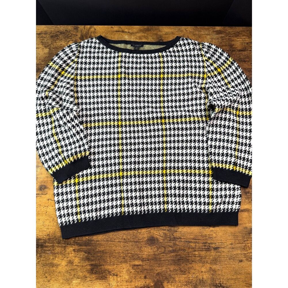 Ann Taylor Factory XL Houndstooth Plaid Sweater Black White Yellow Old Money EUC